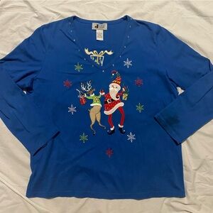 Dancing Santa & Reindeer Party Shirt Embellished Beaded L Ugly Christmas Sweater